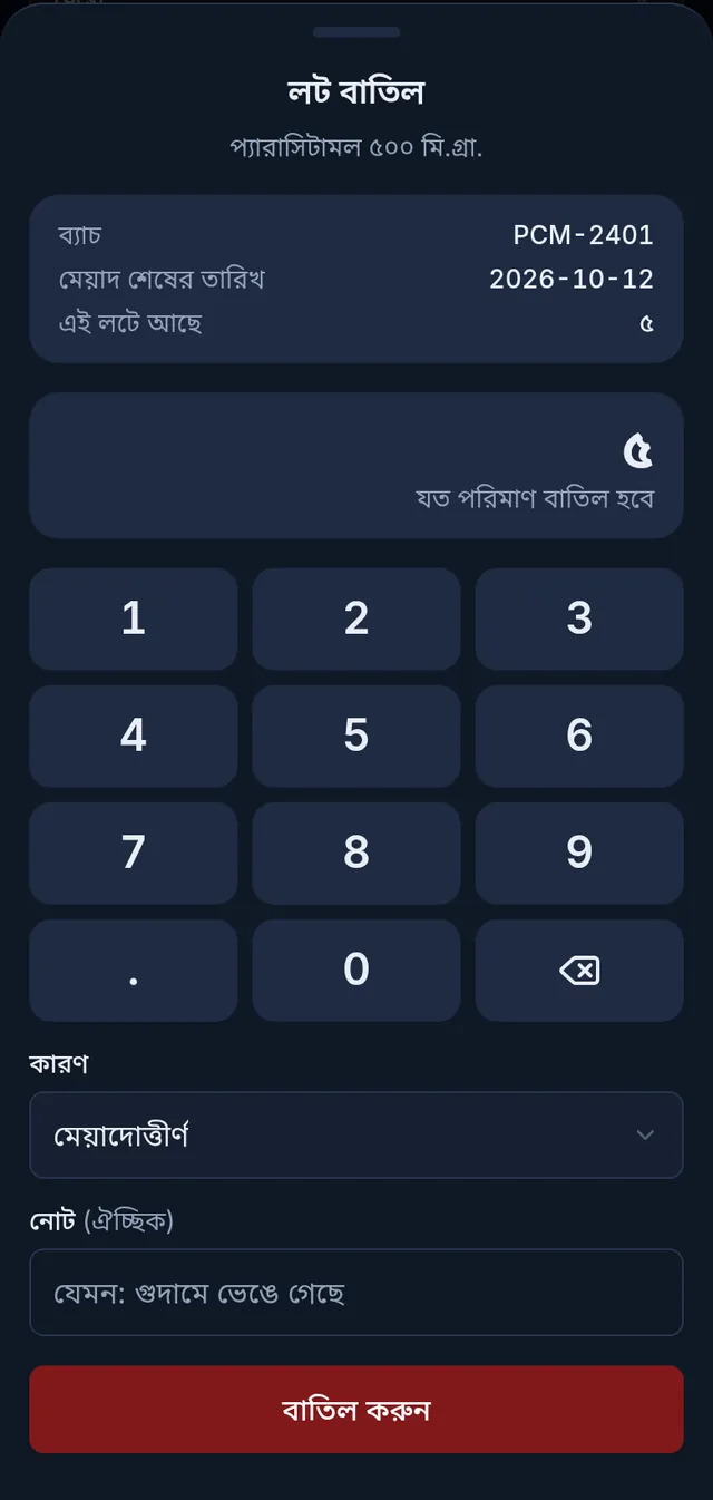 লট বাতিল: ব্যাচ PCM-2401, মেয়াদ শেষের তারিখ আর লটে কত আছে, কিপ্যাড, কারণ মেয়াদোত্তীর্ণ আর বাতিল করুন বাটন