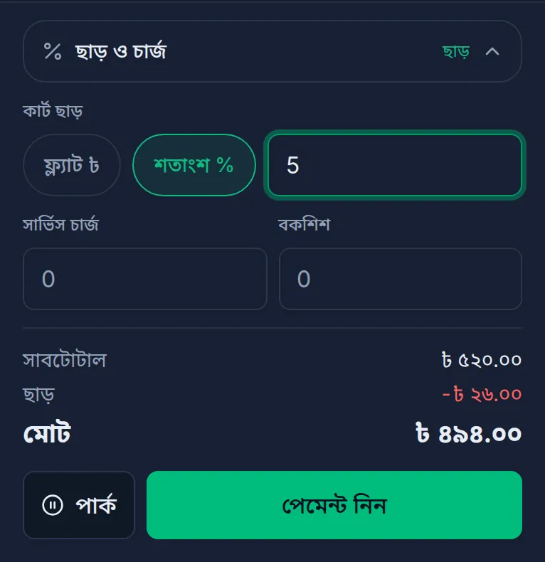 কম্পিউটারে বর্তমান বিক্রি: কার্ট ছাড়ে শতাংশ ৫, নিচে সাবটোটাল, ছাড় আর মোট