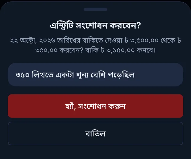 এন্ট্রিটি সংশোধন করবেন? ৩,৫০০ থেকে ৩৫০ টাকা, বাকি ৩,১৫০ টাকা কমবে, হ্যাঁ, সংশোধন করুন বাটন