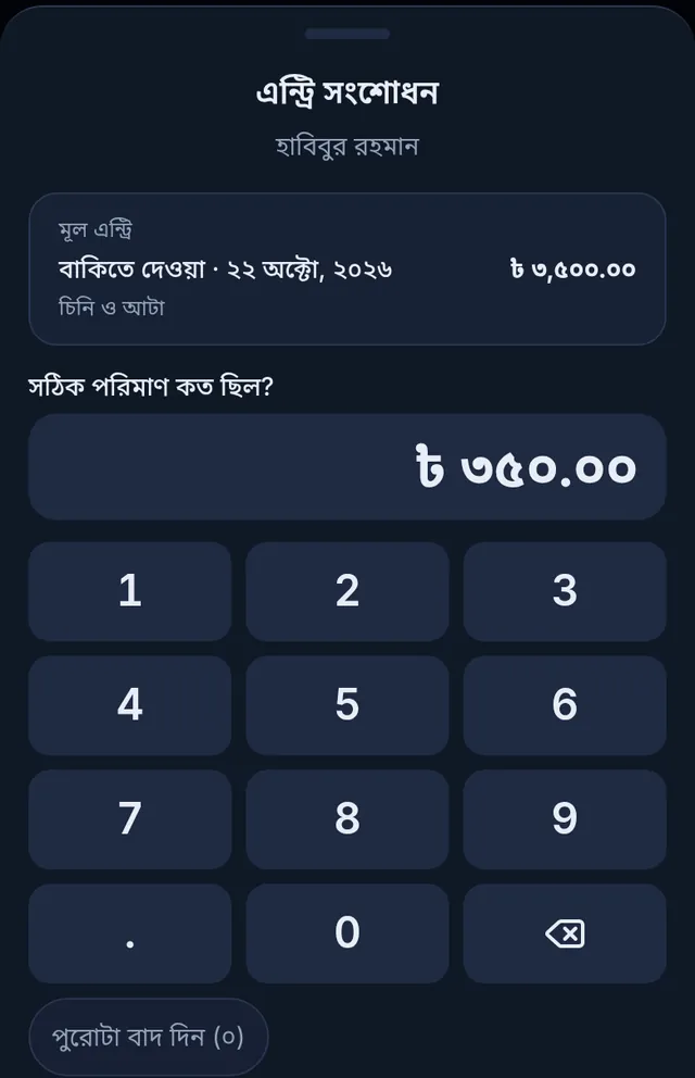 এন্ট্রি সংশোধন: মূল এন্ট্রি ৩,৫০০ টাকা, সঠিক পরিমাণ ৩৫০ টাকা লেখা