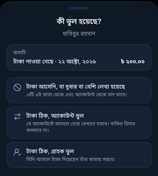কী ভুল হয়েছে? জমাটি ২০০ টাকা, আর তিনটি পছন্দ: টাকা আসেনি, অ্যাকাউন্ট ভুল, গ্রাহক ভুল