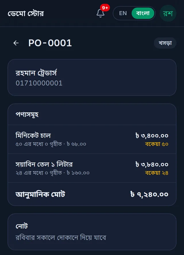 খসড়া ক্রয় আদেশ PO-0001: সাপ্লায়ার, দুটি পণ্য, প্রতিটির কতটা বকেয়া আর আনুমানিক মোট