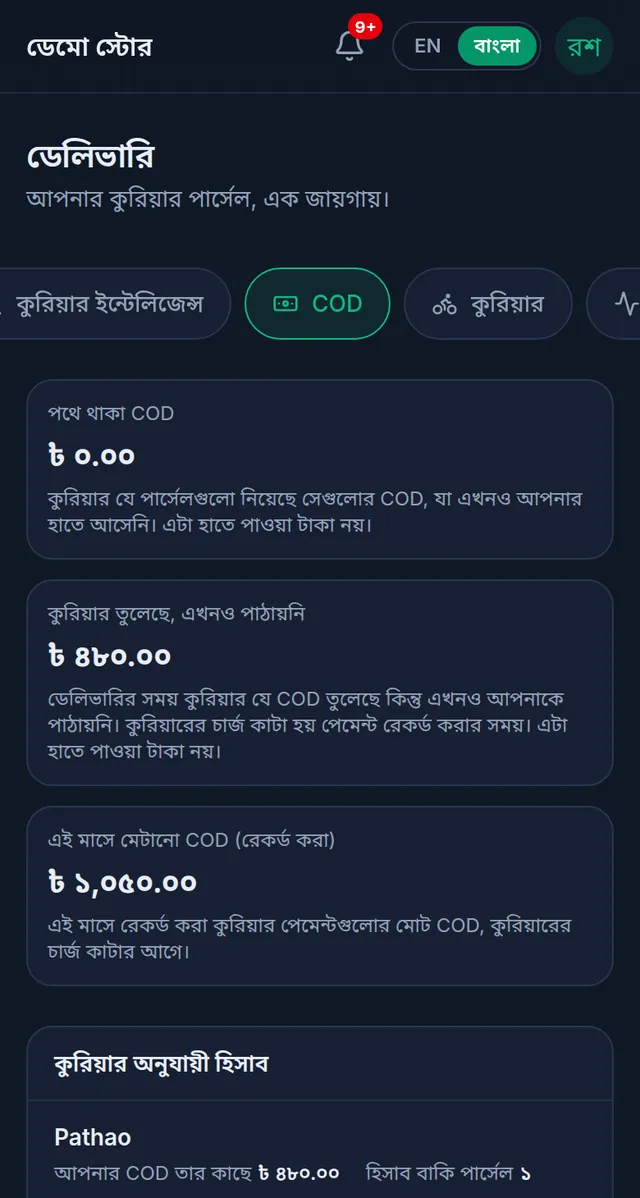 COD ট্যাব: পথে থাকা COD, কুরিয়ার তুলেছে কিন্তু এখনও পাঠায়নি, এই মাসে মেটানো COD, আর কুরিয়ার অনুযায়ী হিসাবে Pathao-র কাছে আপনার কত COD