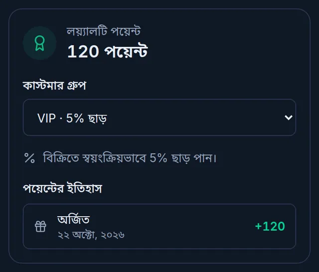 কাস্টমারের প্রোফাইল: ১২০ লয়্যালটি পয়েন্ট, কাস্টমার গ্রুপে VIP ৫% ছাড় বাছাই, আর পয়েন্টের ইতিহাস
