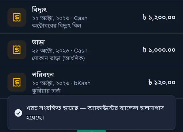 তালিকার উপরে নতুন খরচ: বিদ্যুৎ, Cash থেকে ১,২০০ টাকা, আর নিশ্চিত হওয়ার বার্তা