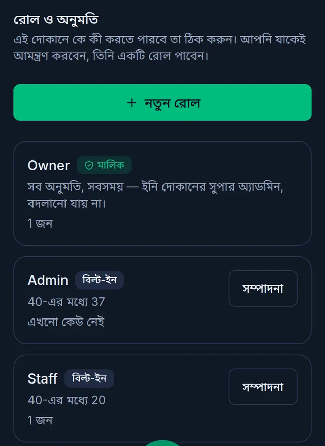 রোল ও অনুমতি: নতুন রোল বাটন আর Owner, Admin, Staff-এর কার্ড