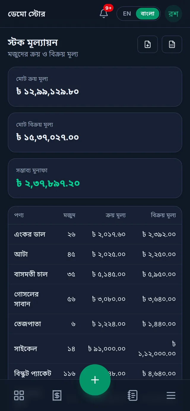 স্টক মূল্যায়ন: মোট ক্রয় মূল্য, মোট বিক্রয় মূল্য, সবুজে সম্ভাব্য মুনাফা, আর নিচে পণ্য অনুযায়ী মজুদ, ক্রয় মূল্য ও বিক্রয় মূল্য