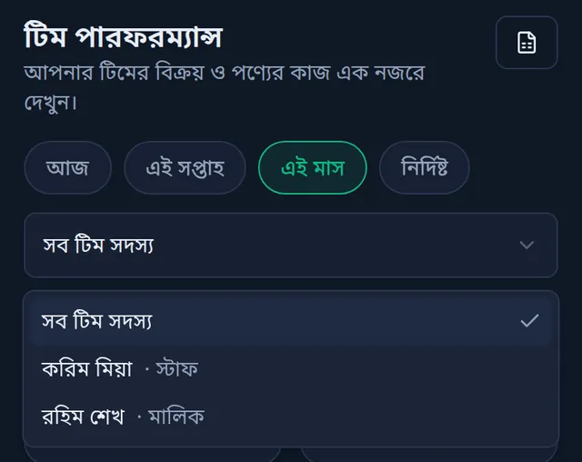 ফোনে টিম সদস্যের তালিকা খোলা: সব টিম সদস্য, করিম মিয়া, স্টাফ, আর রহিম শেখ, মালিক