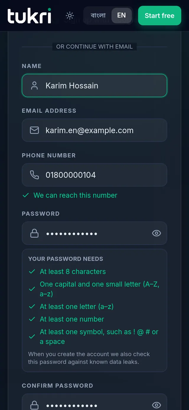 Create an account: the name, the invited email address, a mobile number and a password filled in