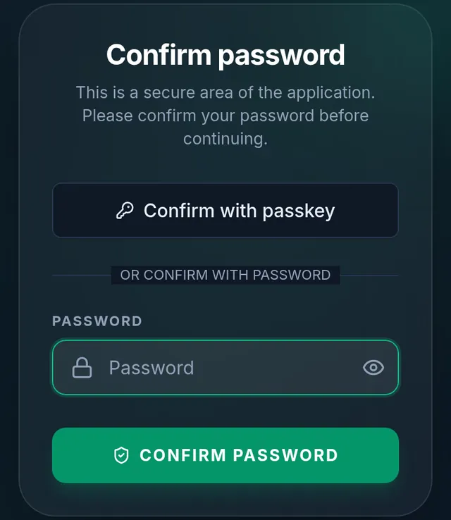 Confirm password: the Confirm with passkey button, the password box and the Confirm password button