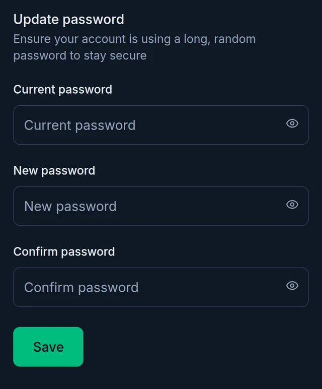 Update password: Current password, New password, Confirm password and the Save button