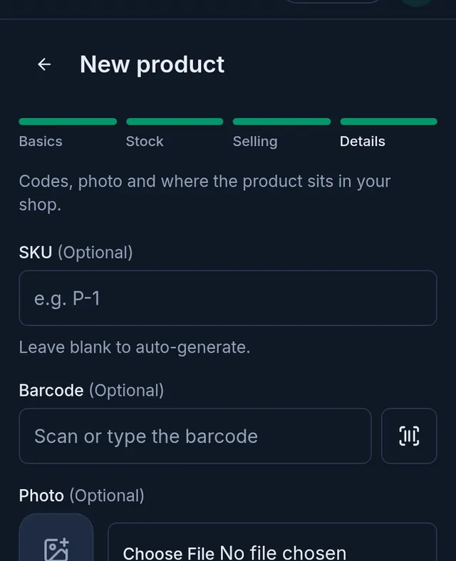 The Details step: SKU, barcode and photo, with the Save button below