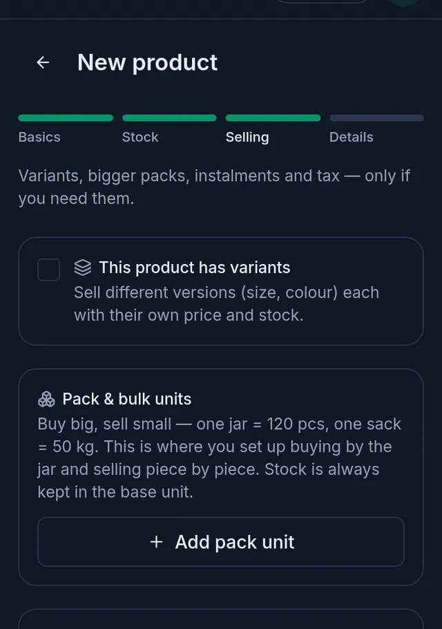 The Selling step: variants, pack and bulk units and the installment field