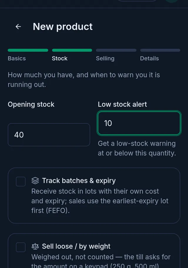 The Stock step: opening stock, low stock alert, and the batches and loose selling switches