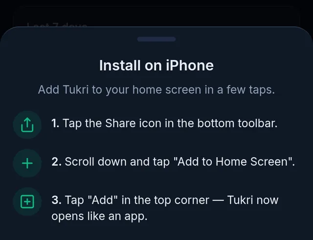 Tukri's Install on iPhone guide: the Share icon, Add to Home Screen, then Add