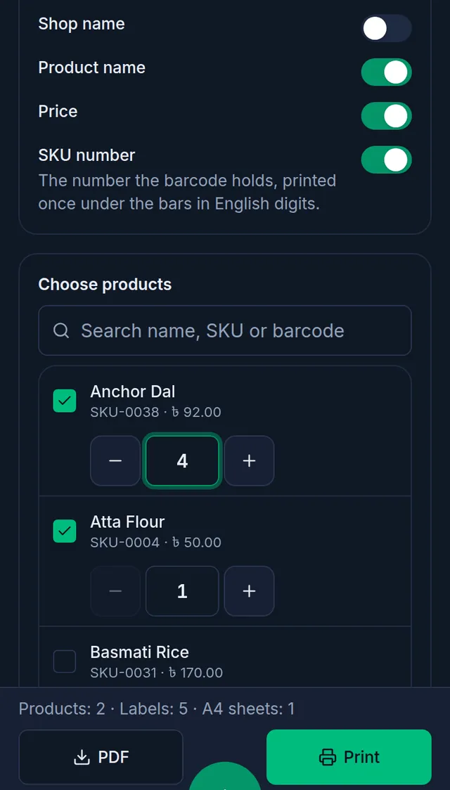 Printing labels on a phone: two products ticked, one with 4 copies, and below it Products 2, Labels 5, A4 sheets 1 with the PDF and Print buttons