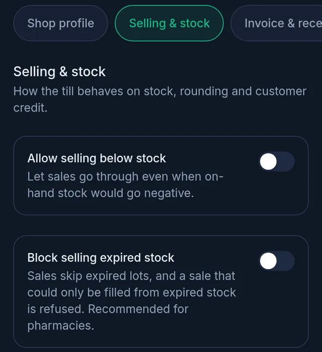 Shop settings, Selling & stock tab: the Block selling expired stock switch