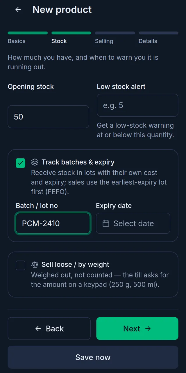 The product's Stock step: opening stock 50, Track batches & expiry on, batch number PCM-2410 and the expiry date box