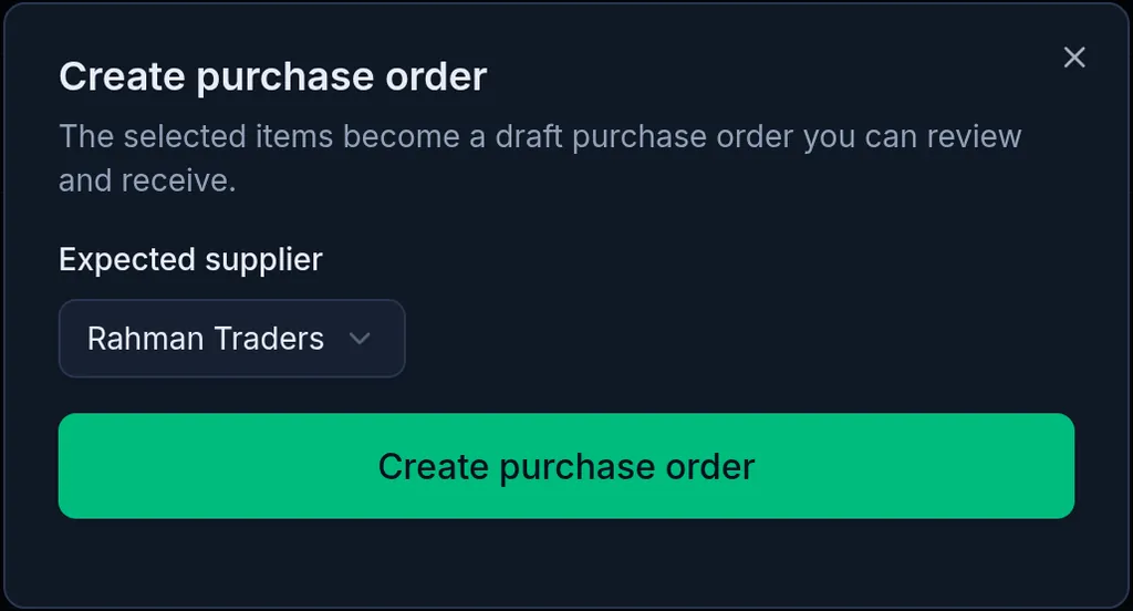 Create purchase order: the selected items become a draft purchase order, Rahman Traders chosen as the supplier, and the Create purchase order button