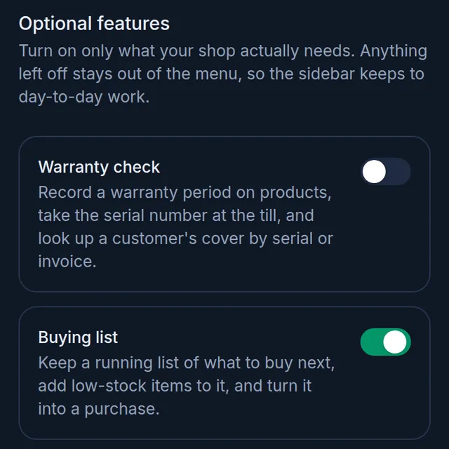 Optional features: Warranty check off, and the Buying list switch turned on