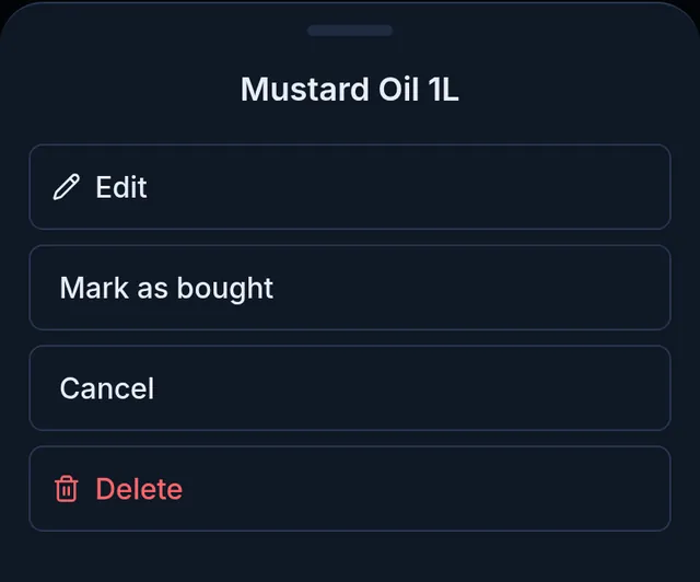The options for Mustard Oil 1L: Edit, Mark as bought, Cancel and Delete