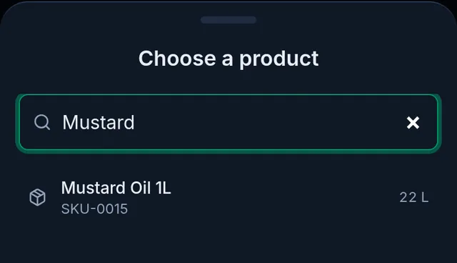 Choose a product: Mustard typed in the search, and Mustard Oil 1L with 22 L in stock