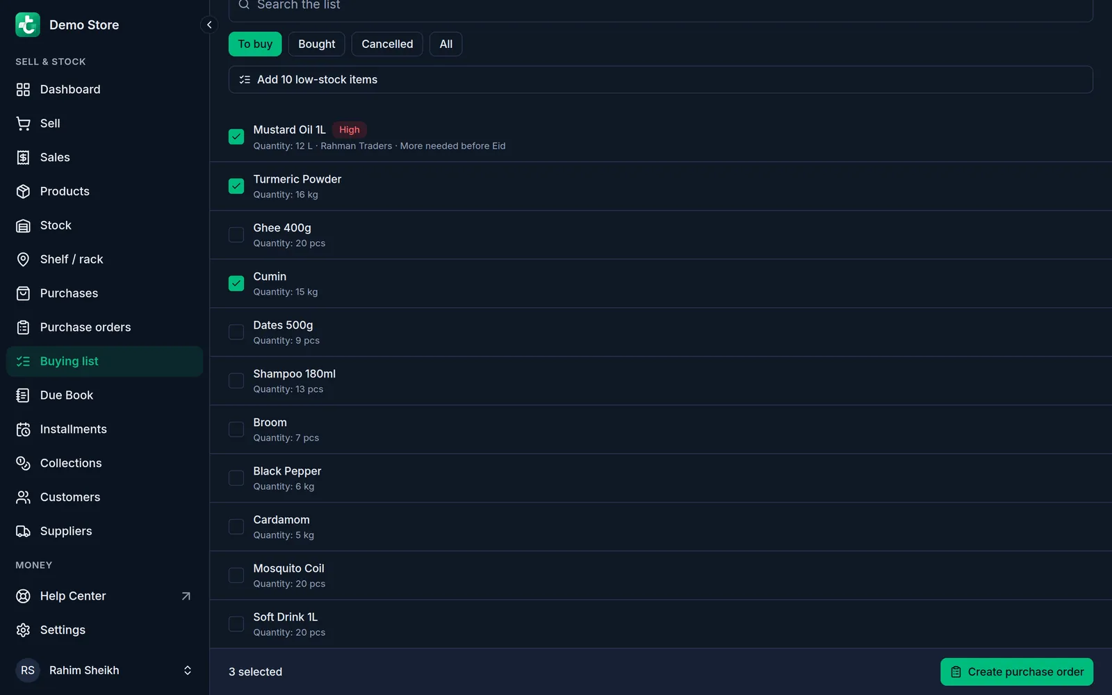 The buying list on a computer: Mustard Oil 1L, Turmeric Powder and Cumin ticked, and 3 selected with the Create purchase order button in the bar at the bottom