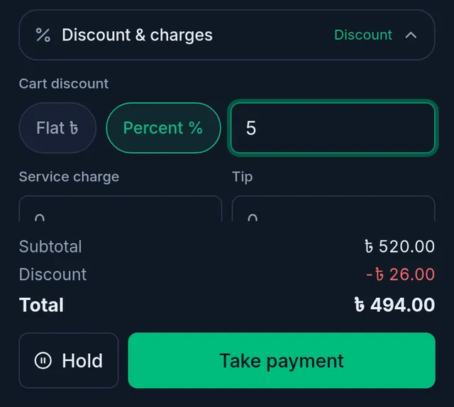 The cart on a phone: Discount & charges open, Percent chosen and 5 typed; subtotal 520, discount 26, total 494 taka