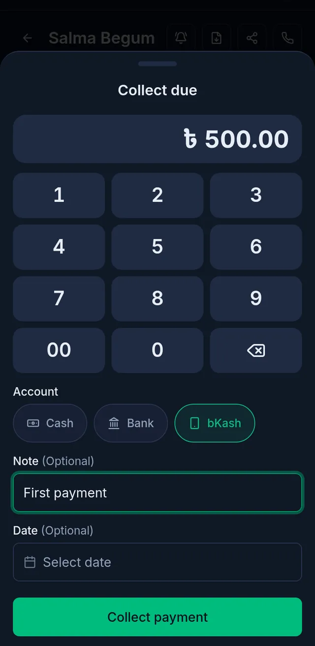Collect due: 500 taka, the bKash account chosen, a note, and the Collect payment button