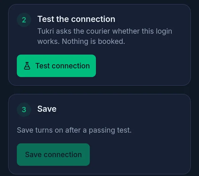 The test and save steps: save turns on after a passing test