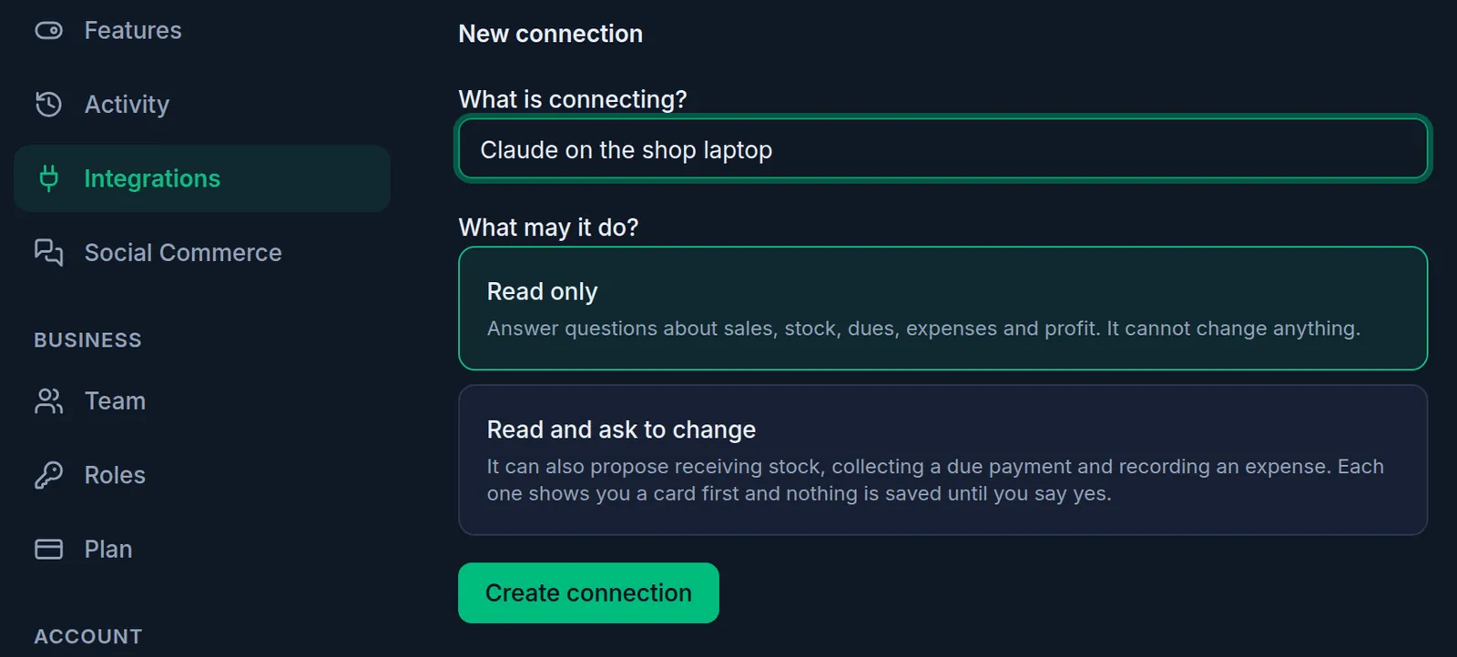 New connection: Claude on the shop laptop typed as the name, Read only chosen, and the Create connection button