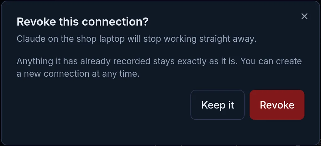 Revoke this connection? Claude on the shop laptop will stop working straight away, with the Keep it and Revoke buttons
