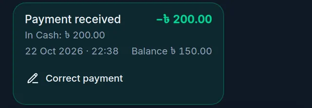 Payment received of 200 taka, In Cash: 200 taka, with the Correct payment button