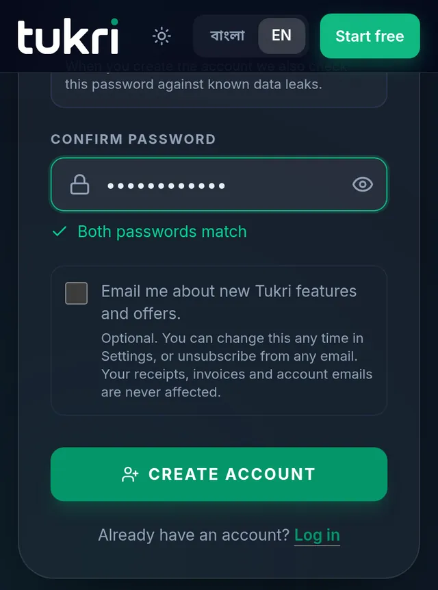 The Create account button and the log in link under it