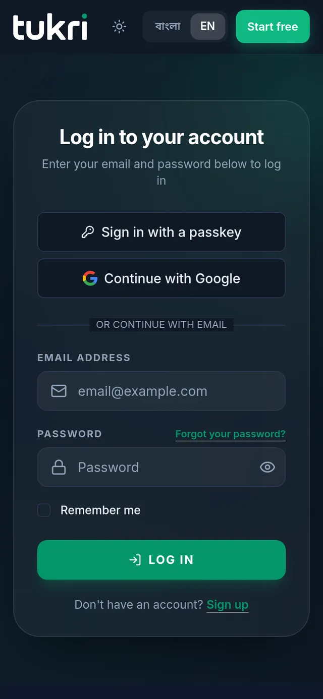 The log in page: passkey and Google buttons, the email and password fields, Remember me and the Log in button