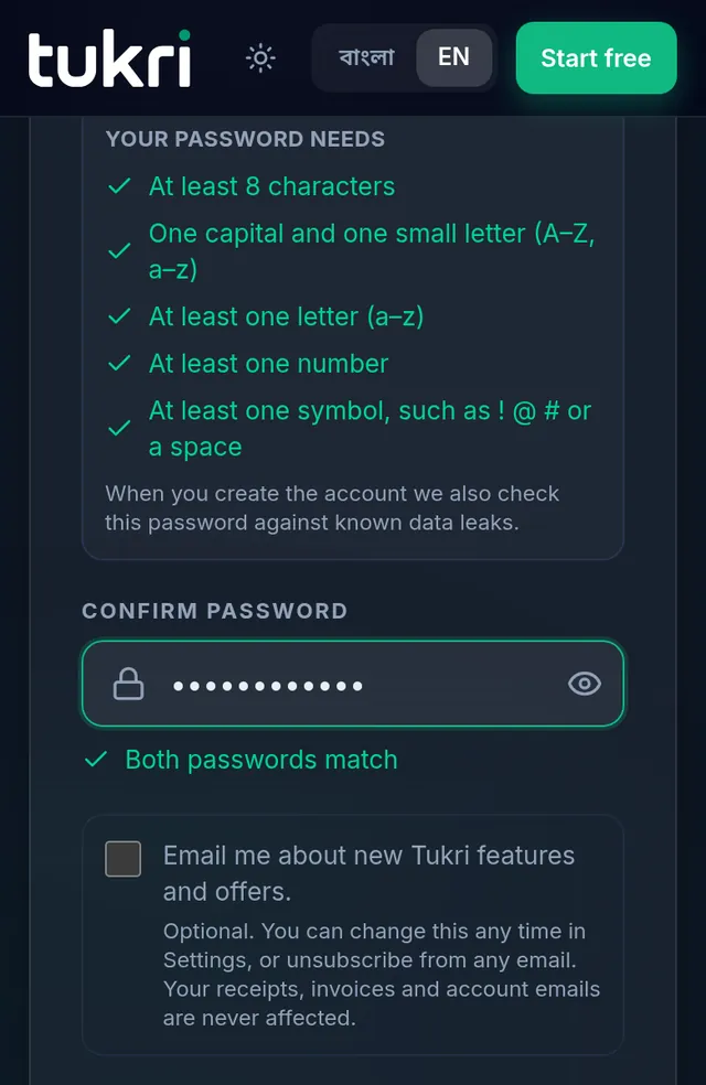 The password rules all ticked green, and the confirm password field below them