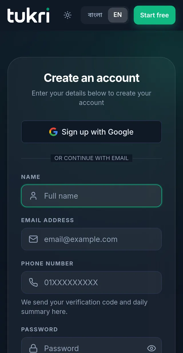 The register form: Sign up with Google, then the name, email address, phone number and password fields