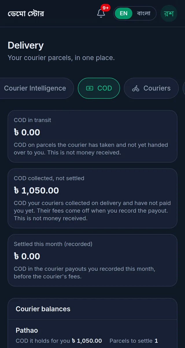 The COD tab: COD in transit, COD collected but not settled, settled this month, and the COD Pathao holds for you under Courier balances