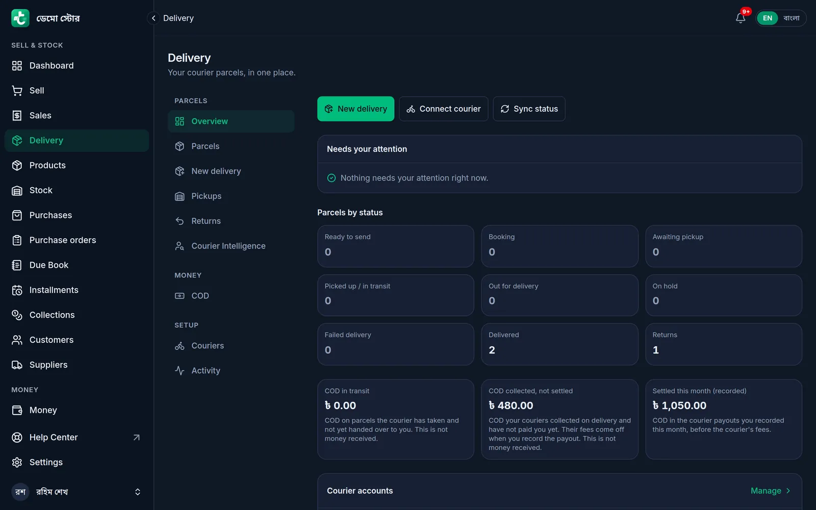 The Delivery Hub on a computer: the tabs on the left, the New delivery button at the top, the parcels counted by status and the COD figures