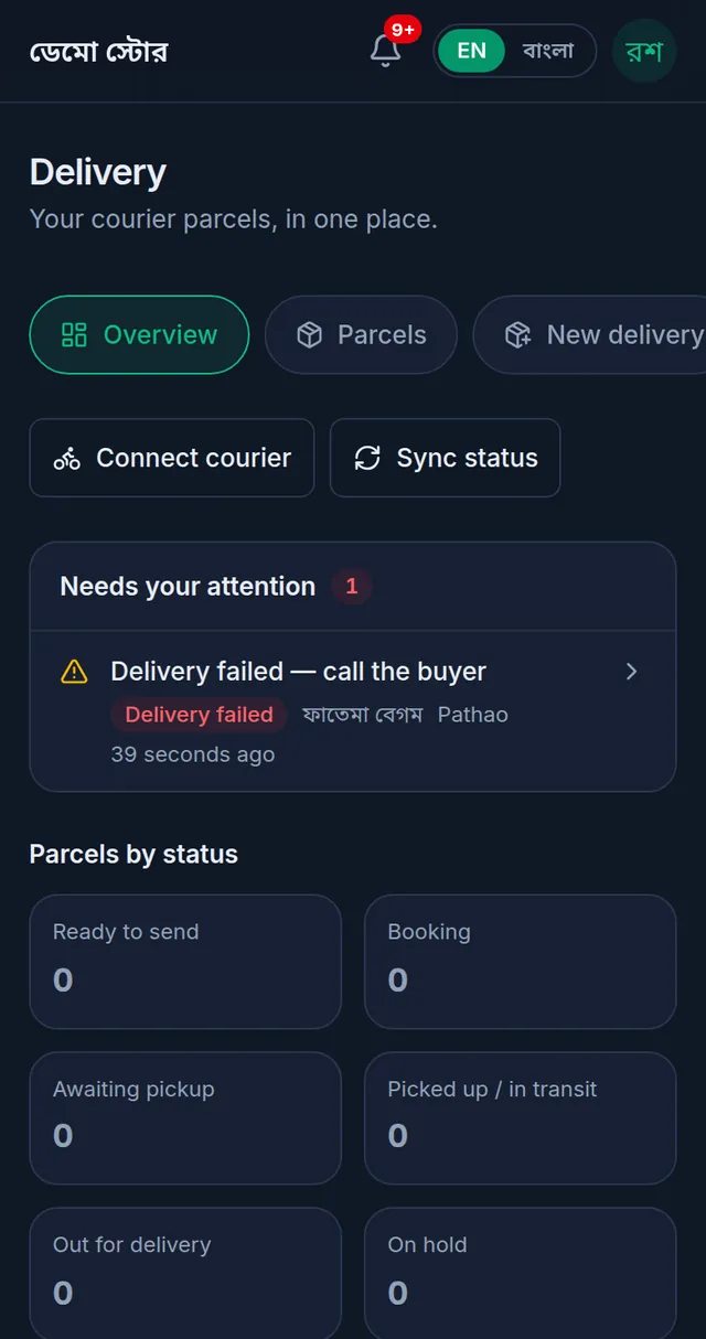 The Delivery Hub on a phone: the row of tabs, the Connect courier and Sync status buttons, a failed delivery under Needs your attention, and the parcels counted by status