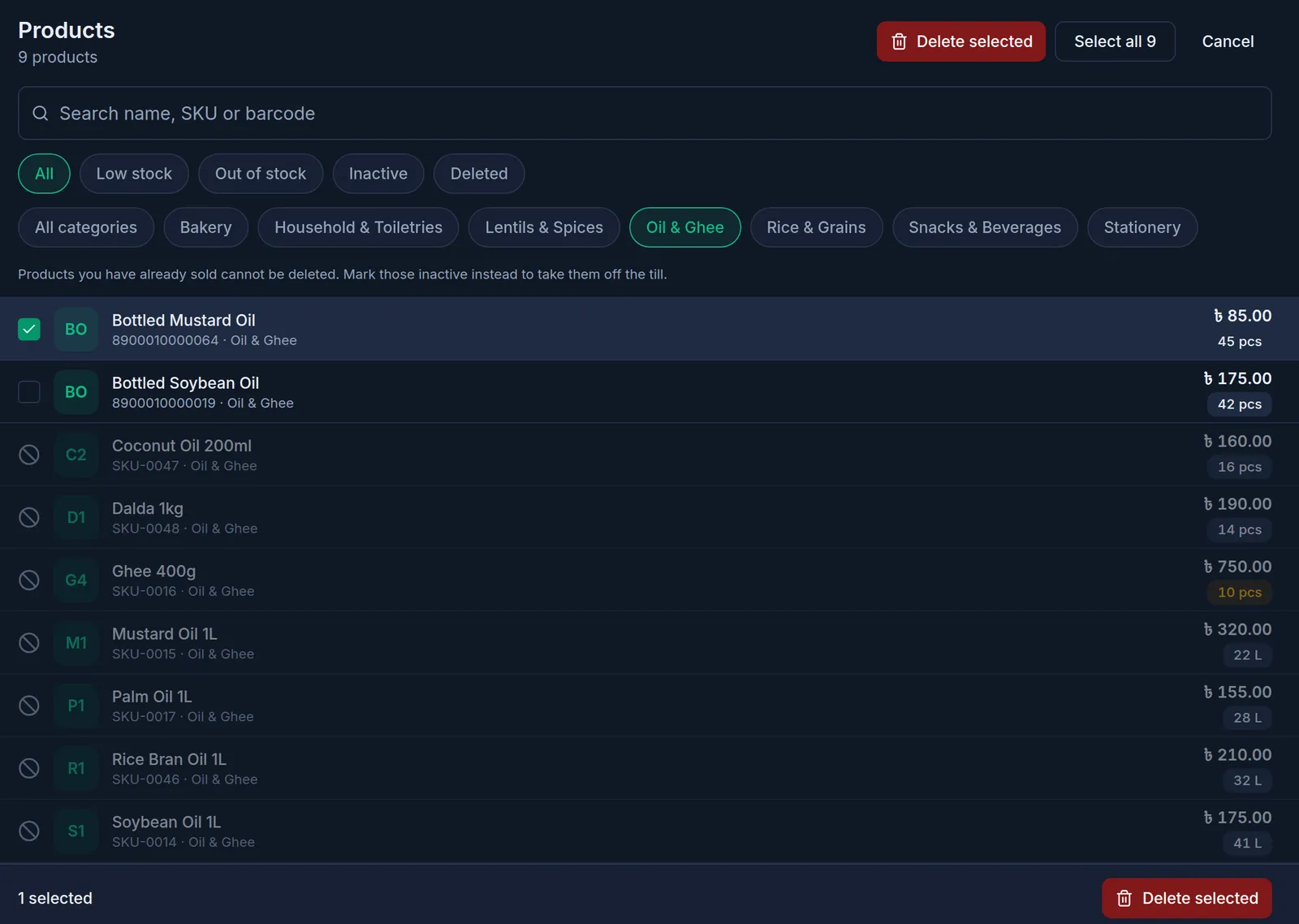 Selecting on a computer: one product ticked, sold products with a no-entry sign, and the Delete selected button at the top