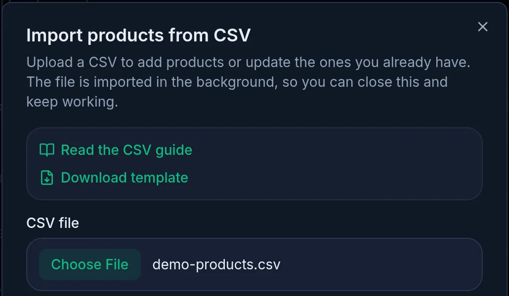 Import products from CSV: the Read the CSV guide and Download template links, and demo-products.csv chosen below