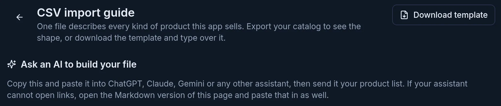 The top of the CSV import guide: the Download template button and the Ask an AI to build your file section