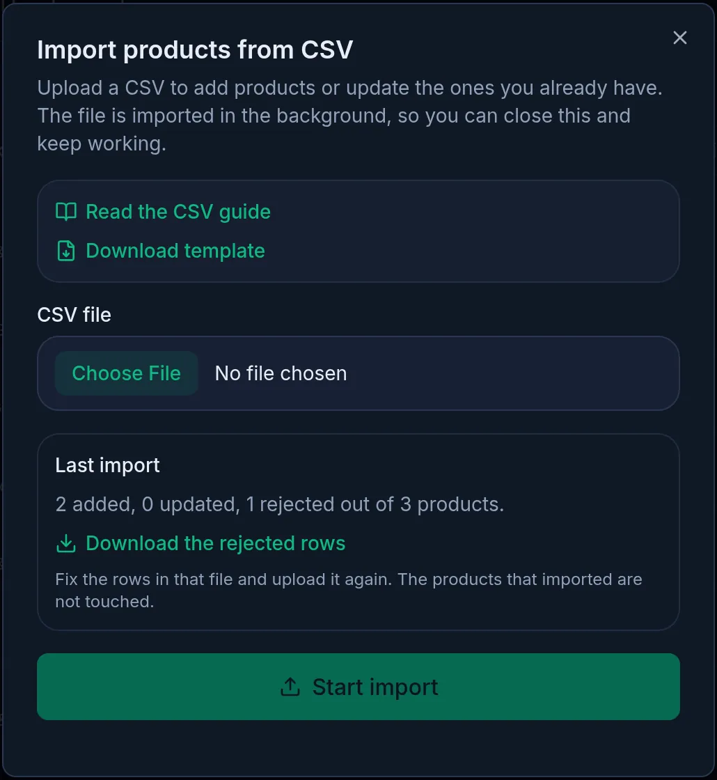 Last import: 2 added, 0 updated, 1 rejected out of 3 products, with the Download the rejected rows link