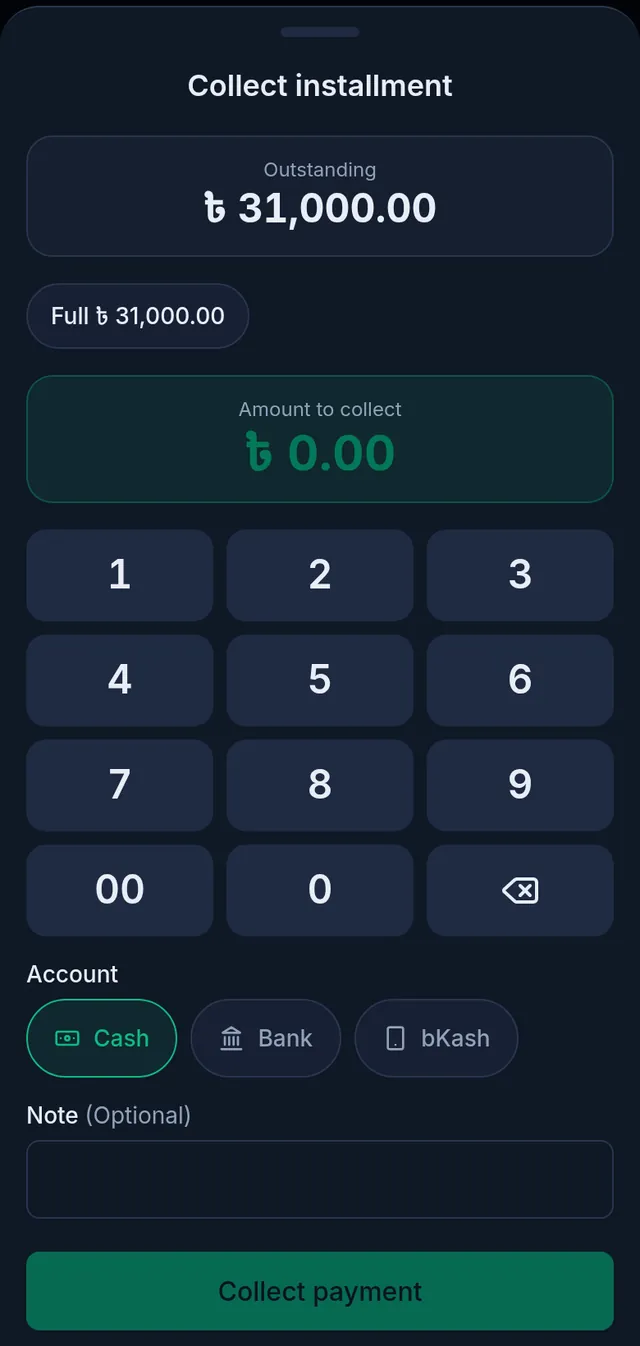 Collect installment: 31,000 outstanding, the full amount button, the keypad, the accounts and the Collect payment button
