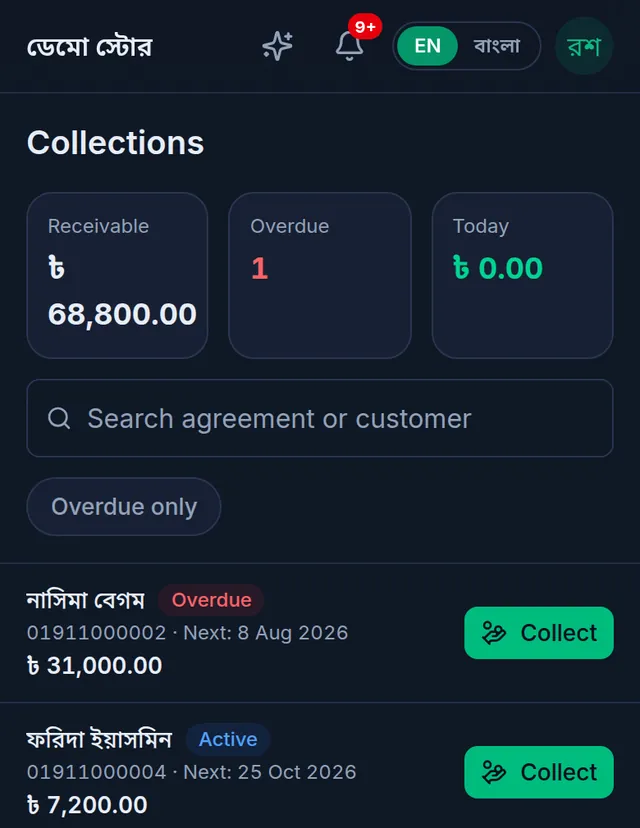 Collections: receivable, overdue and today's figures, with a Collect button beside each agreement