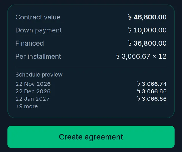The agreement summary: contract value, down payment, financed amount, per installment, the first three dates and the Create agreement button
