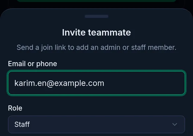 Invite teammate: an email address typed in and the Staff role chosen