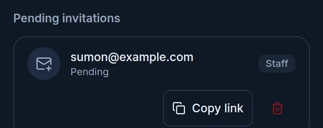 A pending invitation: the email address, the role and the Copy link button