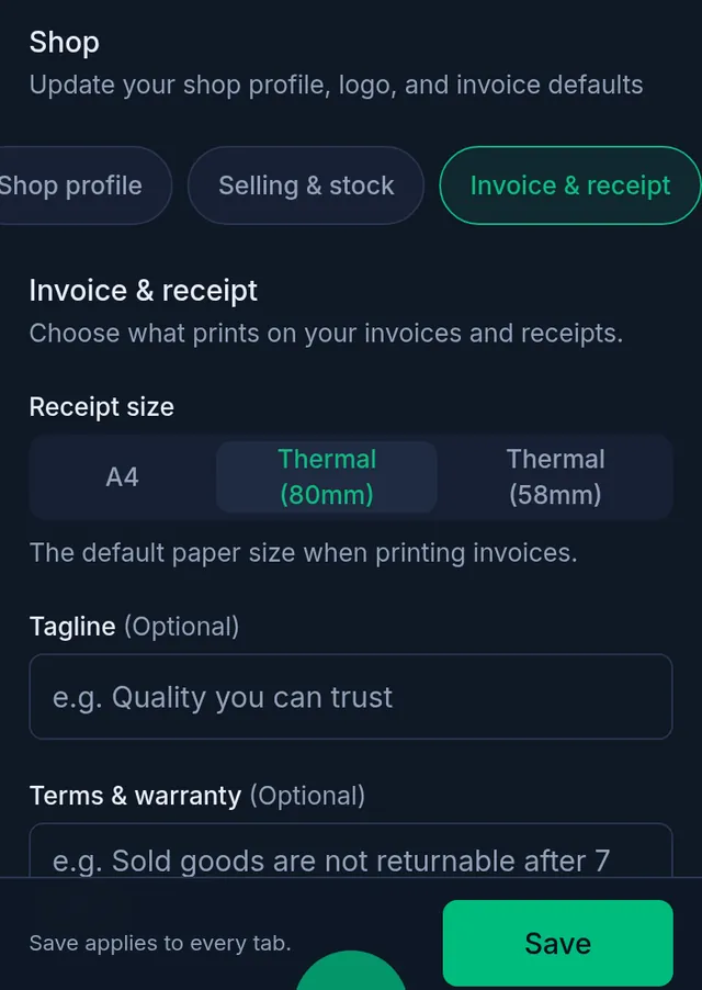 The Invoice & receipt tab: Receipt size with Thermal (80mm) chosen, and the Tagline and Terms & warranty boxes